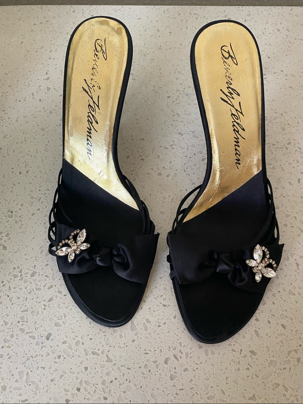 Beverly Feldman Black Satin Slide Mules with Crystal Floral Accent
